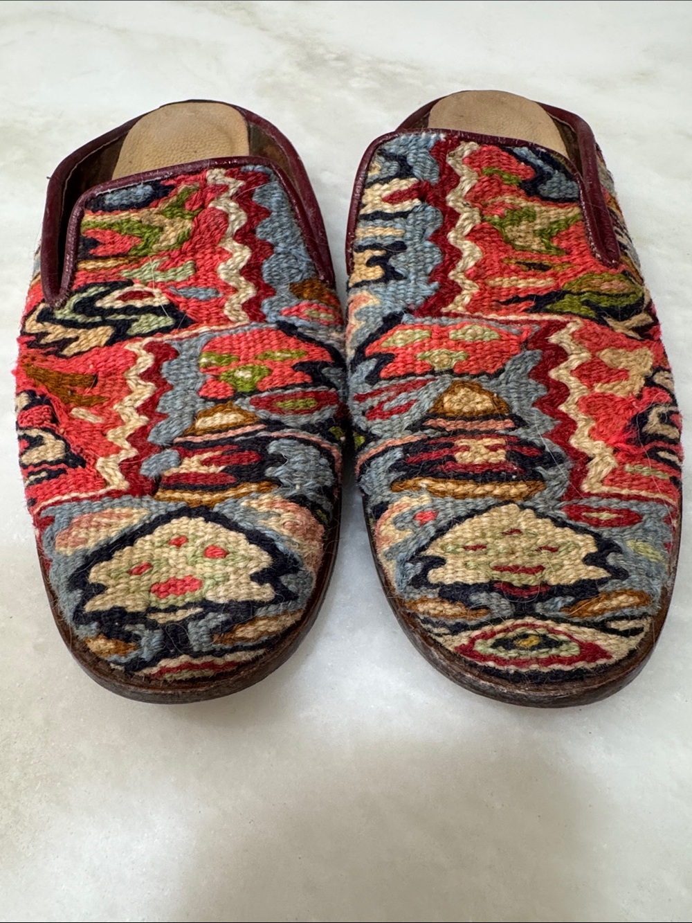 Vintage Hand-Woven Turkish Kilim Tapestry Leather Mules – Backless Loafers